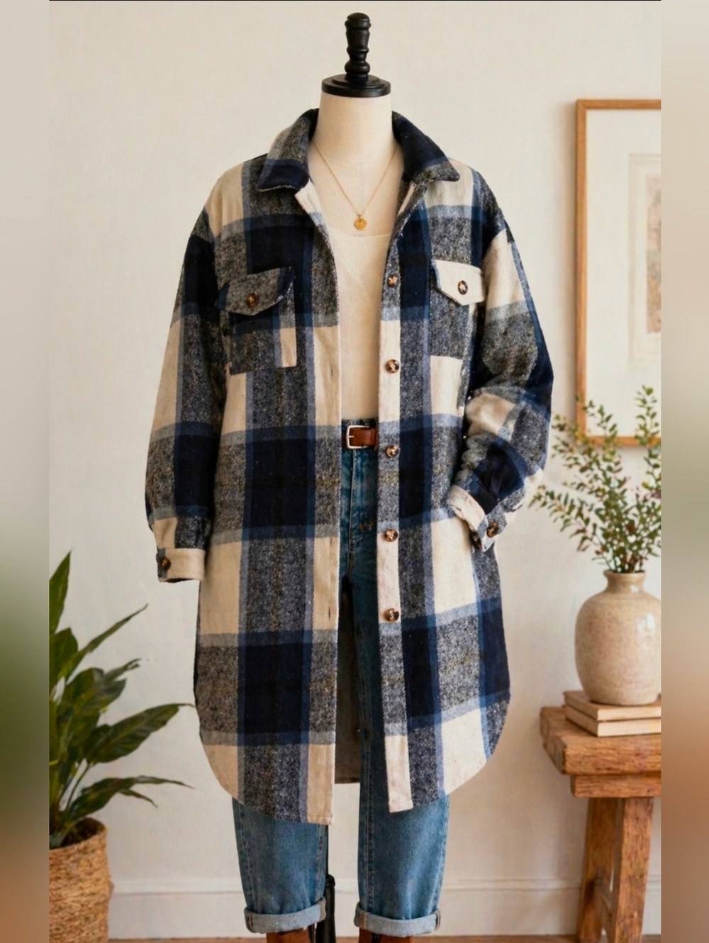 Blue and Cream Plaid Shacket - Size XL
